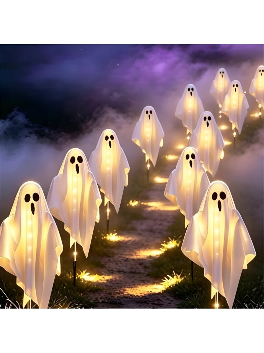 3-Pack & Solar Powered Ghost Halloween Decorations Outdoor, Auto On/Off